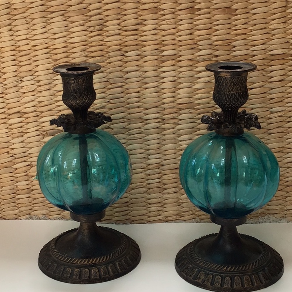 Pier 1 Blue Glass & Antique Brass Vintage Look Candlestick Set